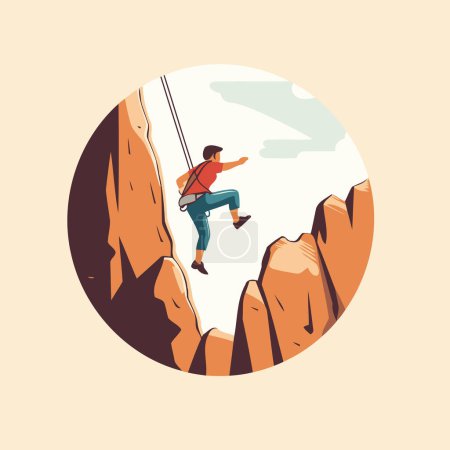 Téléchargez les illustrations : Un homme grimpant au sommet de la montagne. Illustration vectorielle de style plat. - en licence libre de droit