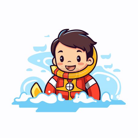 Téléchargez les illustrations : Joli petit garçon nageant dans la mer. Illustration vectorielle. Caractère de bande dessinée. - en licence libre de droit
