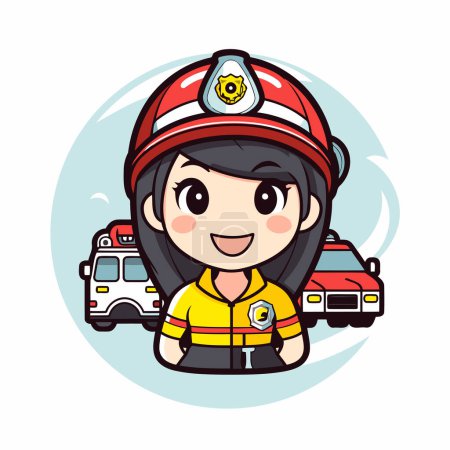 Téléchargez les illustrations : Mascotte de fille pompier Dessin animé personnage vectoriel Icône Illustration Design - en licence libre de droit