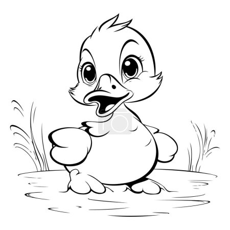 Illustration for Cute duckling sitting on a rock. Black and white vector illustration. - Royalty Free Image