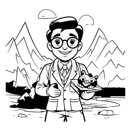 Ilustración de Ilustración de dibujos animados en blanco y negro del hombre sosteniendo un pez en sus manos - Imagen libre de derechos