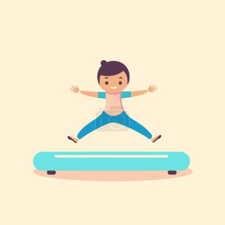 Téléchargez les illustrations : Un garçon qui saute sur un tapis roulant. Illustration vectorielle design plat. - en licence libre de droit