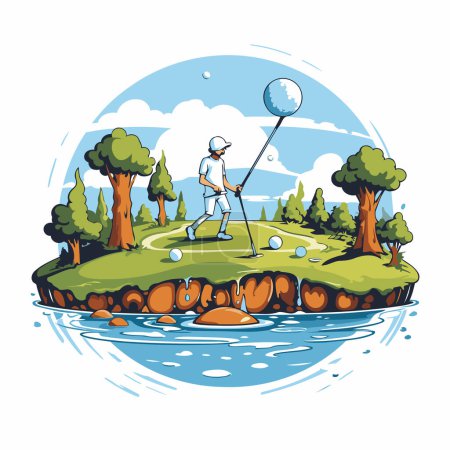 Téléchargez les illustrations : Golfeur sur le terrain de golf. Illustration vectorielle d'un golfeur jouant au golf. - en licence libre de droit