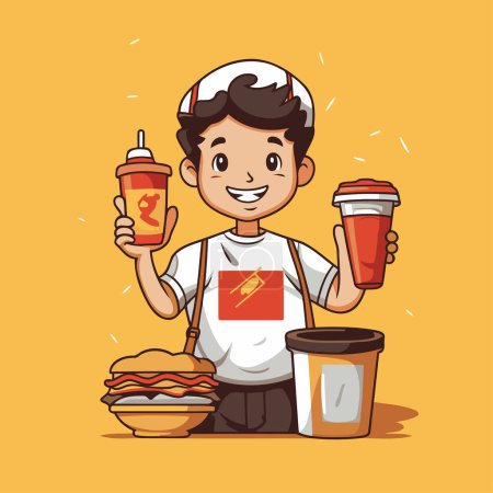 Illustration for Handsome cartoon man with hamburger and drink vector illustration graphic design - Royalty Free Image