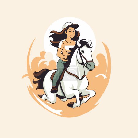 Téléchargez les illustrations : Belle jeune femme montée sur un cheval blanc. Illustration vectorielle dans un style rétro - en licence libre de droit