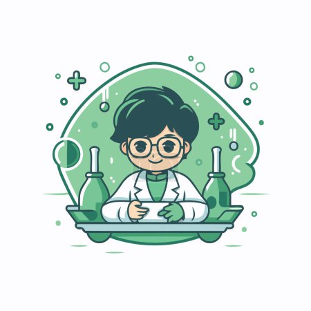 Illustration for Vector illustration of a cute boy in a lab coat and glasses. - Royalty Free Image