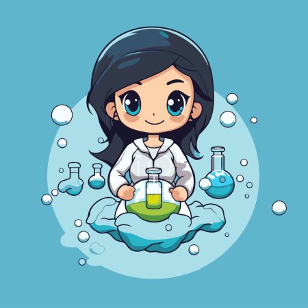 Illustration for Cute little girl in science lab coat holding flask with chemical liquid - Royalty Free Image