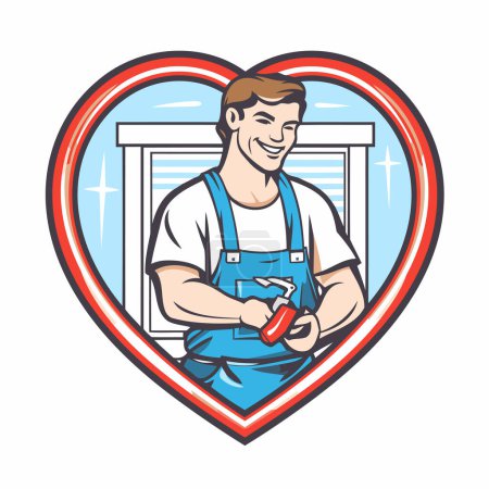 Illustration for Vector illustration of a man in blue overalls holding a bottle of red pepper in heart shape on white background. - Royalty Free Image