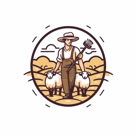 Agricultor con ovejas en la granja. Ilustración vectorial en estilo de dibujos animados.