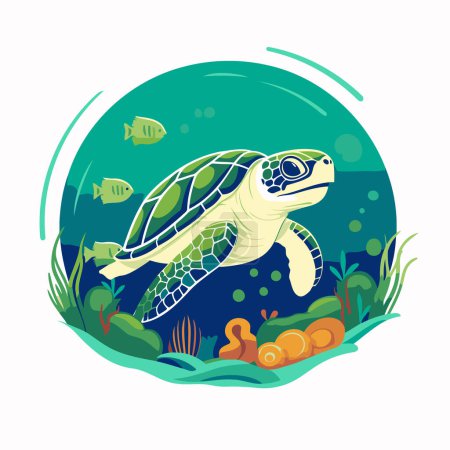 Illustration for Sea turtle swimming in the ocean. Vector illustration in cartoon style. - Royalty Free Image