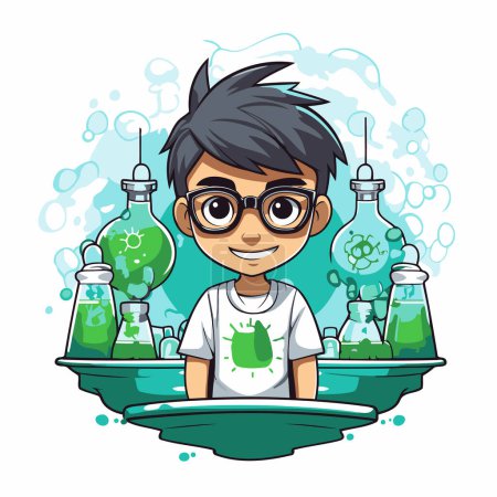 Illustration for Boy in chemical laboratory. Vector illustration of a boy in glasses. - Royalty Free Image