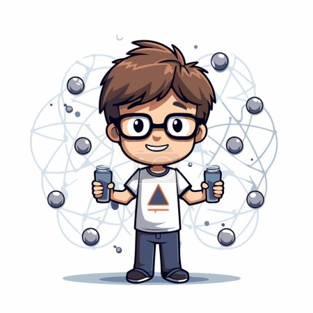 Illustration for Cute boy with glasses holding dumbbells. Vector illustration. - Royalty Free Image