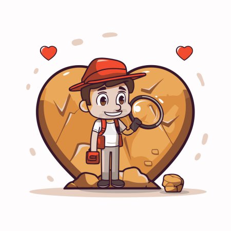 Illustration for Cartoon explorer with magnifying glass and heart. Vector illustration. - Royalty Free Image