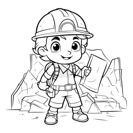 Illustration for Black and White Cartoon Illustration of Kid Boy Builder or Miner Character for Coloring Book - Royalty Free Image