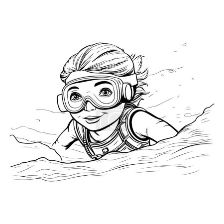 Vector illustration of a girl in scuba diving mask swimming in the sea.