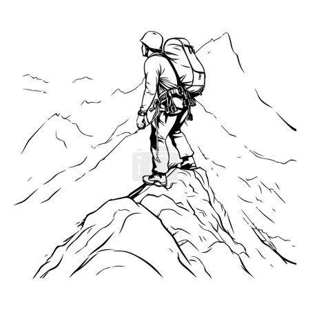 Illustration for Hiker on the top of the mountain. sketch vector graphics monochrome illustration - Royalty Free Image