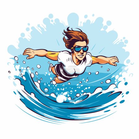 Illustration for Surfer jumping into the water. Vector illustration isolated on white background. - Royalty Free Image