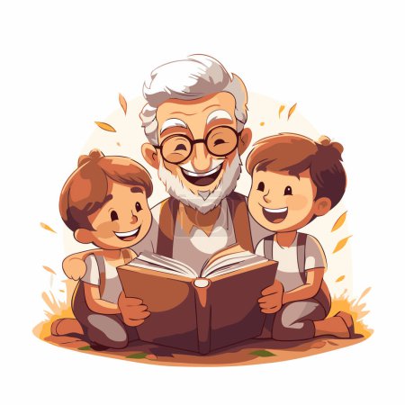 Téléchargez les illustrations : Grand-père lisant un livre avec ses petits-enfants. Illustration vectorielle de dessin animé. - en licence libre de droit
