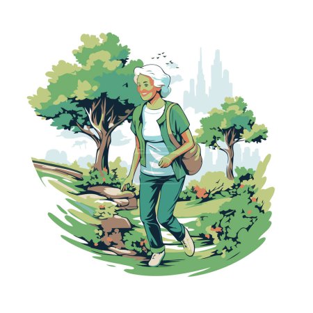 Illustration for Vector illustration of an elderly woman walking in the park with a bag. - Royalty Free Image