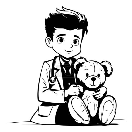 Téléchargez les illustrations : Illustration vectorielle d'un garçon médecin avec un ours en peluche sur fond blanc - en licence libre de droit