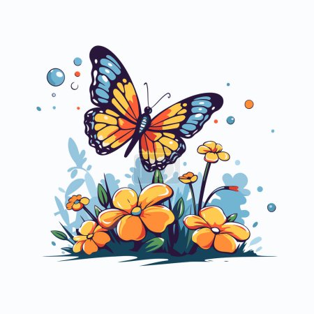 Téléchargez les illustrations : Papillon avec des fleurs. Illustration vectorielle dans le style doodle. - en licence libre de droit