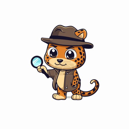 Téléchargez les illustrations : Dessin animé détective léopard avec loupe. Illustration vectorielle. - en licence libre de droit