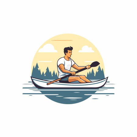 Téléchargez les illustrations : Un homme pagayant en canot sur la rivière. Illustration vectorielle en style plat - en licence libre de droit