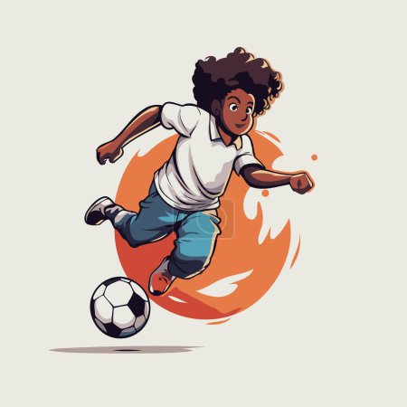Illustration for African american soccer player running with ball. cartoon vector illustration. - Royalty Free Image