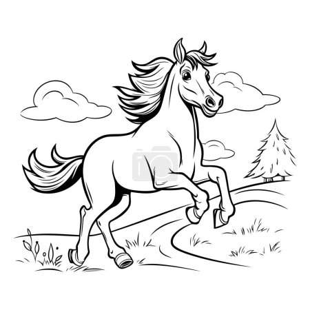 Ilustración de Caballo corriendo en el prado. Ilustración vectorial en blanco y negro. - Imagen libre de derechos