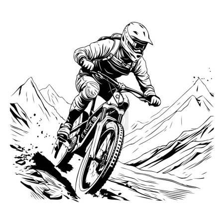 Illustration for Mountain biker on a mountain bike. Vector illustration in black and white colors. - Royalty Free Image
