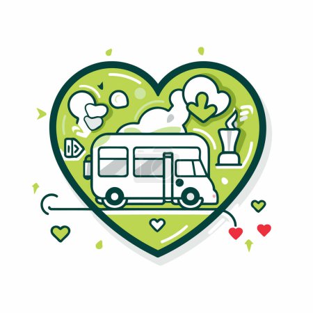 Line art vector illustration of camper van in heart shape. Camper vehicle icon.