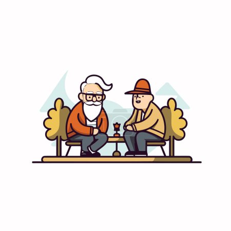 Téléchargez les illustrations : Grand-père et petit-fils assis sur un banc dans le parc. Illustration vectorielle de style plat. - en licence libre de droit