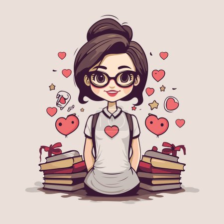 Ilustración de Una chica encantadora sentada en un montón de libros. Ilustración vectorial. - Imagen libre de derechos