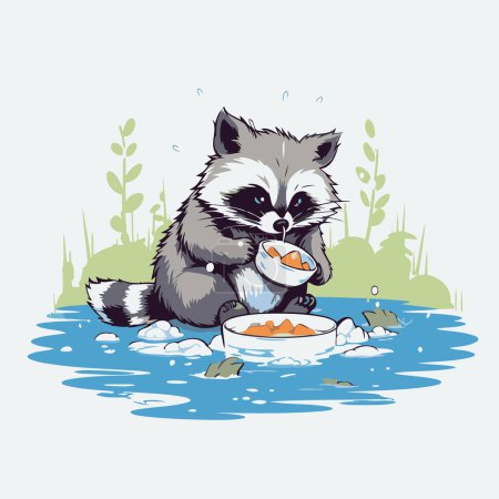 Illustration for Raccoon eating a piece of bread in the water. Vector illustration. - Royalty Free Image