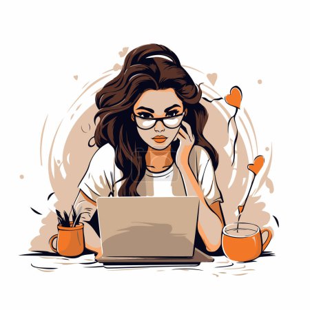Illustration for Vector illustration of a young woman working on a laptop at home. - Royalty Free Image