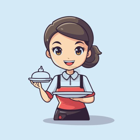 Illustration for Cute waitress holding a tray and serving food. Vector illustration. - Royalty Free Image
