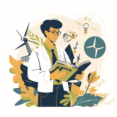 Illustration for Vector illustration of a man in a white coat and glasses reading a book. - Royalty Free Image