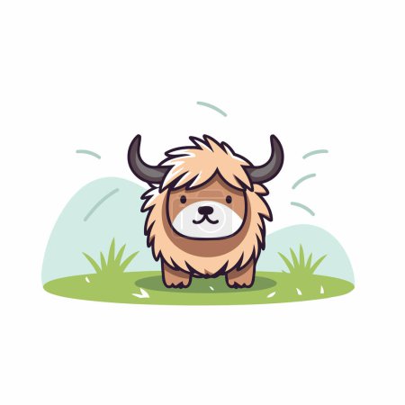 Téléchargez les illustrations : Mignon yak de dessin animé dans l'herbe. Illustration vectorielle sur fond blanc. - en licence libre de droit