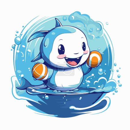 Illustration for Illustration of a Cute Cartoon Shark Floating on Water with Ball - Royalty Free Image