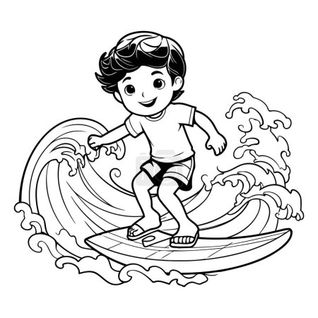 Téléchargez les illustrations : Un garçon qui surfe sur une vague. Illustration vectorielle noir et blanc pour livre à colorier - en licence libre de droit
