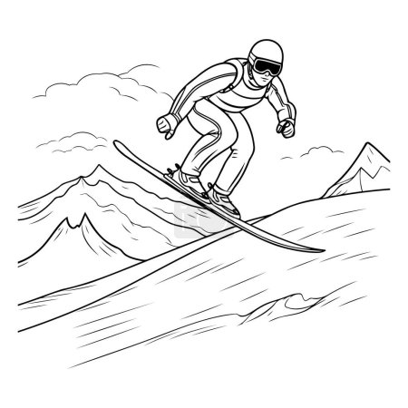 Téléchargez les illustrations : Snowboarder sautant dans les montagnes. croquis graphiques vectoriels monochromes - en licence libre de droit