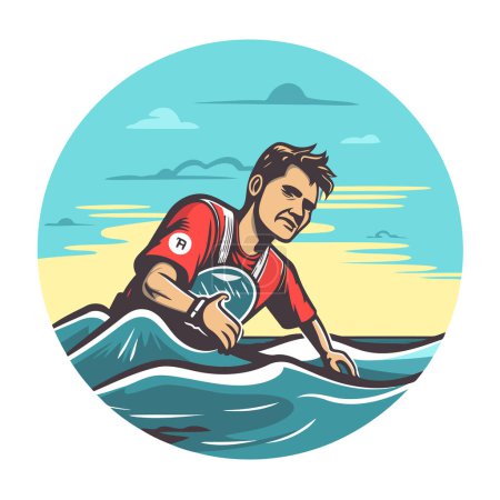 Illustration for Surfer on the surfboard. Vector illustration in retro style. - Royalty Free Image