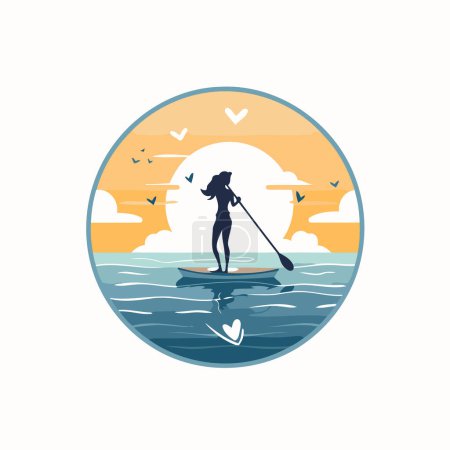 Illustration for Silhouette of a girl on a stand up paddle board in the sea. Vector illustration - Royalty Free Image