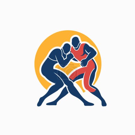 Téléchargez les illustrations : Modèle de conception de logo de lutte. Deux joueurs se battent avec l'illustration vectorielle de balle. - en licence libre de droit