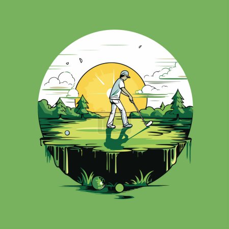 Golfer beim Golfspielen auf dem Feld. Vektor-Illustration im Retro-Stil.