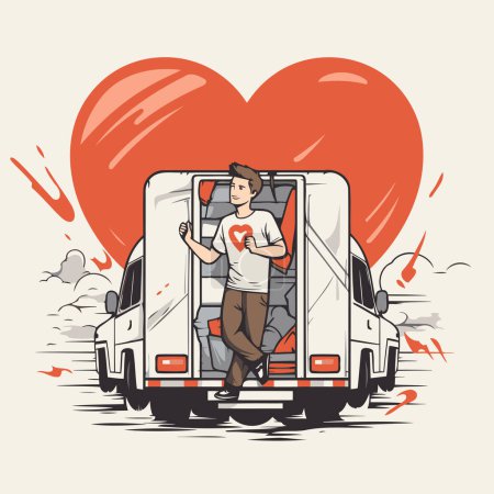 Ilustración de Un hombre conduciendo una furgoneta con un corazón al fondo. Ilustración vectorial. - Imagen libre de derechos
