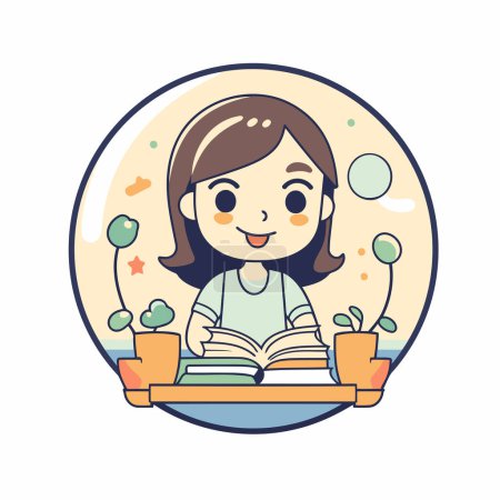 Illustration for Illustration of a girl reading a book in the garden. Vector illustration. - Royalty Free Image