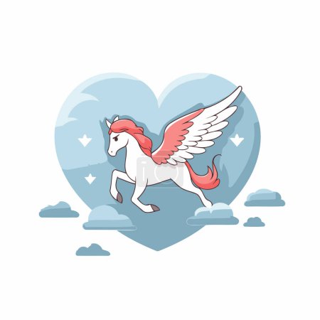 Téléchargez les illustrations : Coeur avec licorne ailée et nuages. Illustration vectorielle Saint-Valentin. - en licence libre de droit