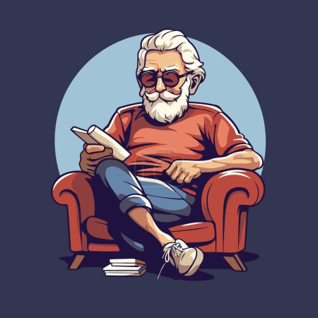 Téléchargez les illustrations : Vieil homme assis dans le fauteuil et le livre de lecture. Illustration vectorielle. - en licence libre de droit