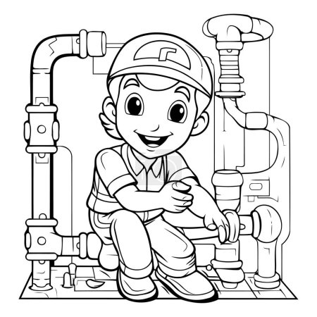 Téléchargez les illustrations : Illustration de dessin animé noir et blanc d'un réparateur d'enfants ou d'un plombier pour livre à colorier - en licence libre de droit